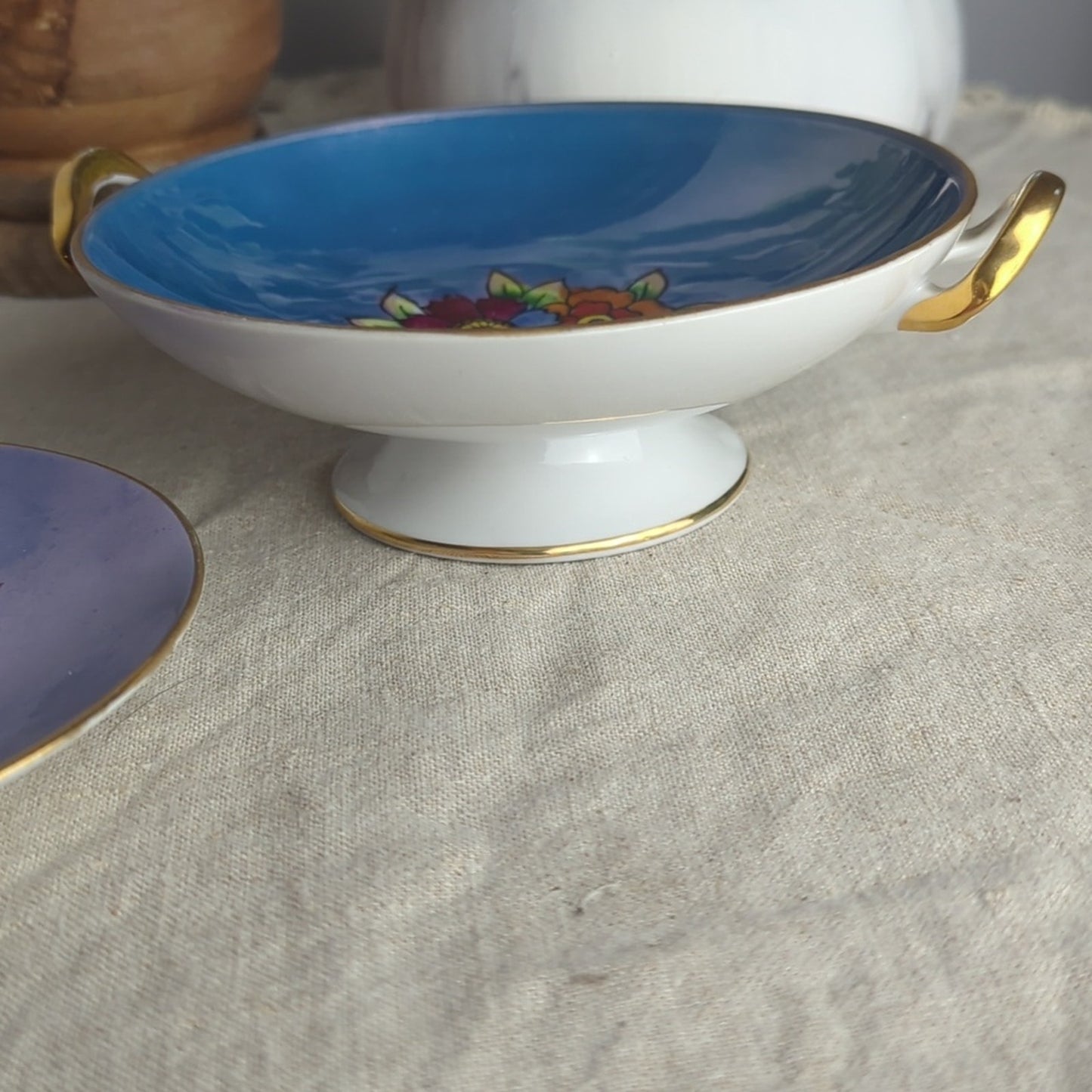 Vintage Noritake Hand Painted Dish Set Blue Floral Bowl & Handled Mini Platter