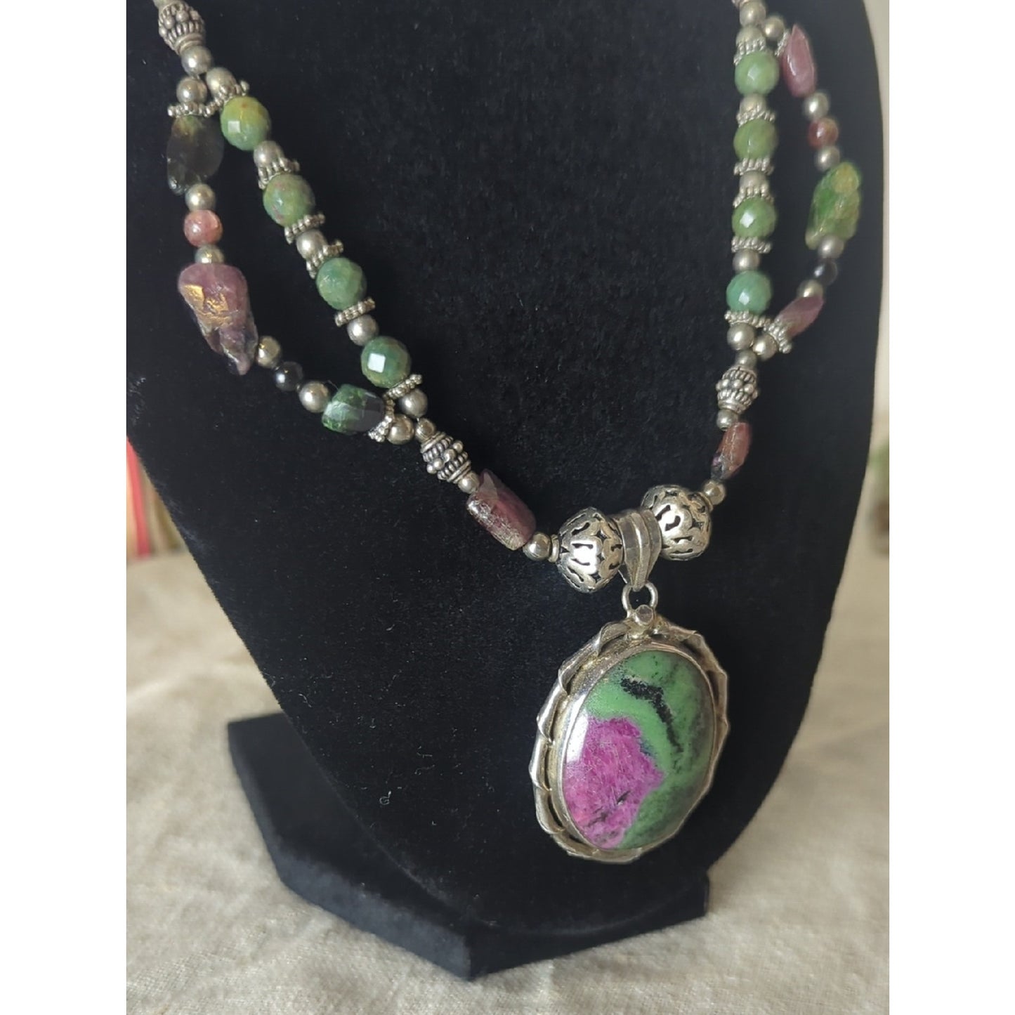 Sterling Silver Ruby Zoisite Statement Necklace, Artisan Gemstone Pendant