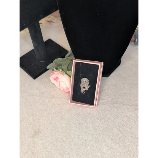 Whimsigoth Unique Vintage Rose Ring Rhinestones Silvertone Size 7.75