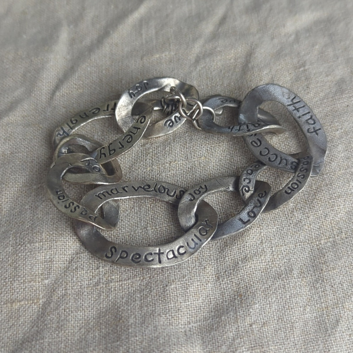 Vintage Pewter-Tone Inspirational Link Bracelet Hand-Stamped Word Jewelry Art