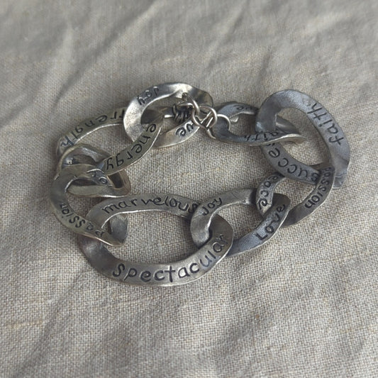 Vintage Pewter-Tone Inspirational Link Bracelet Hand-Stamped Word Jewelry Art