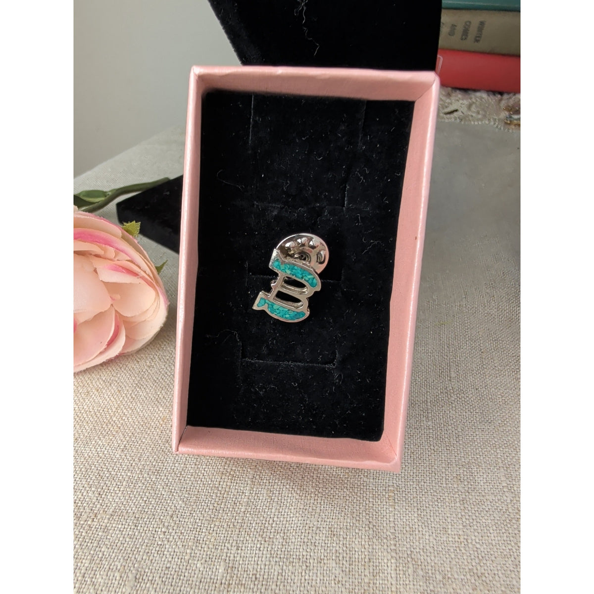 Sterling Silver Letter "B" Turquoise Inlay Pin Cowgirl Rodeo
