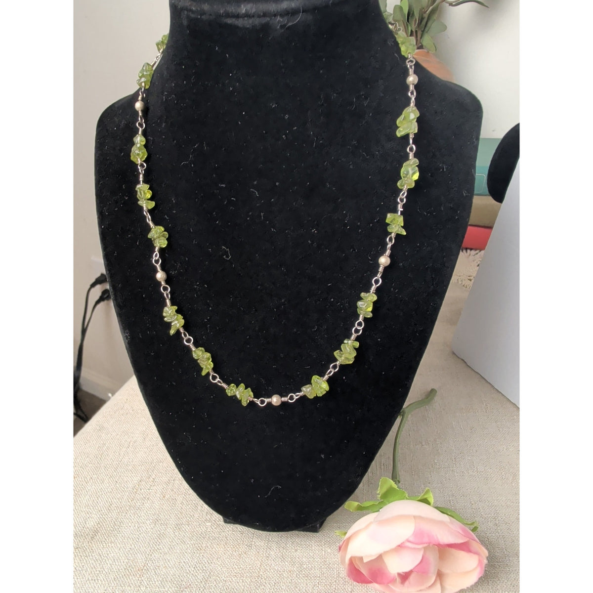 Vintage Raw Green Tourmaline Crystal Chip Necklace 925 Sterling Silver