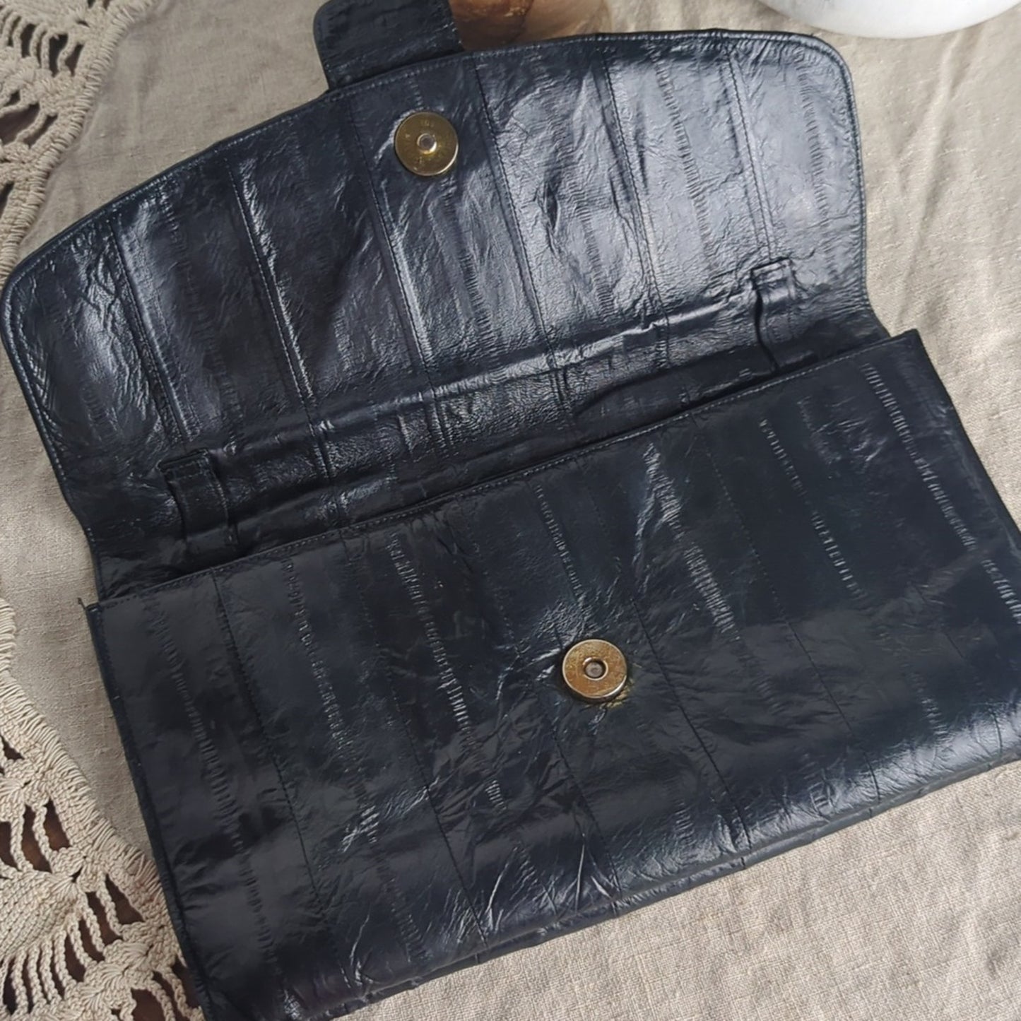 Vintage Black-ish Navy Skin Clutch Wallet | 80s Exotic Leather Evening Bag