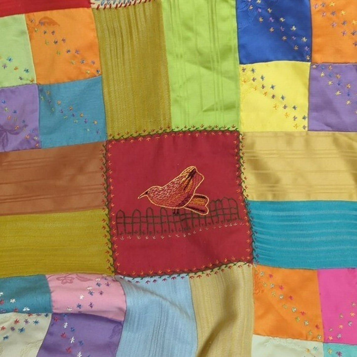 Crazy Quilt Large Rare Vintage Patchwork Quilt Embroidered Gold Satin Back 58x88