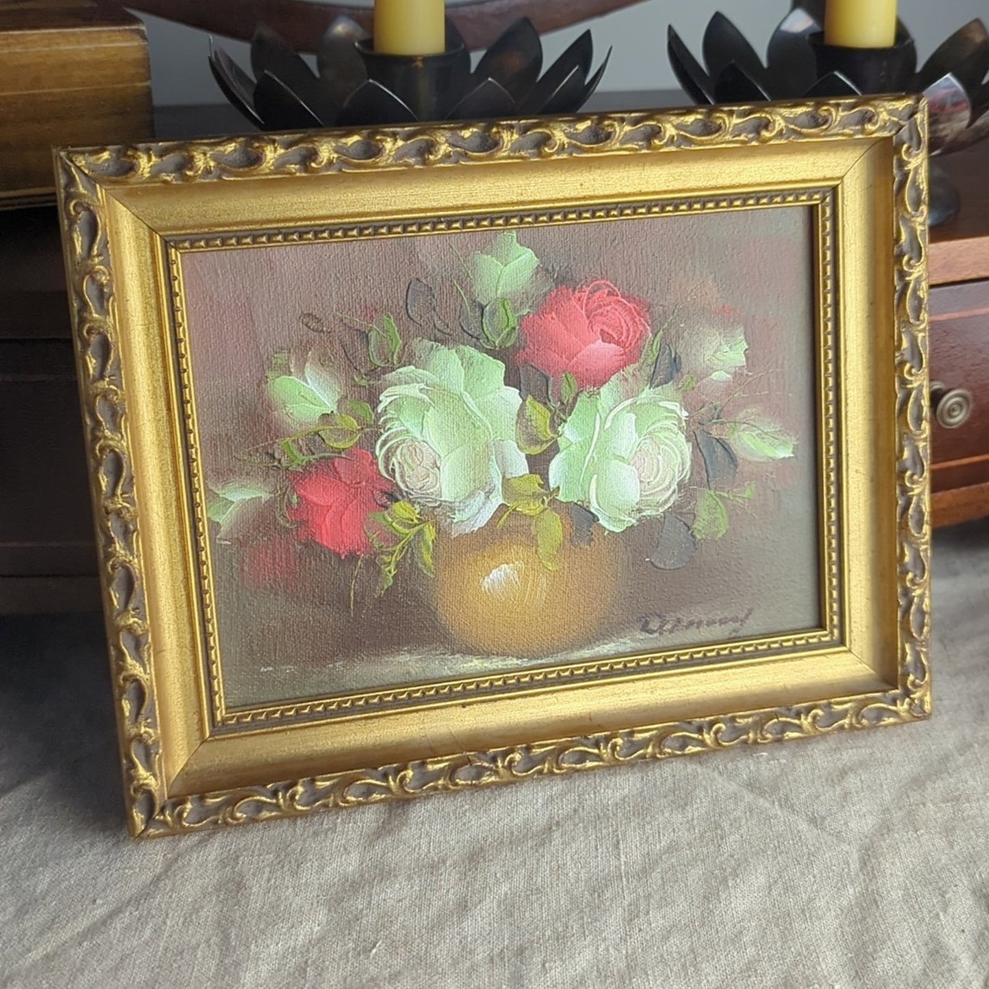 Vintage Hand Painted Floral Still Life Painting 7x9 Framed Romantic Cottage Art
