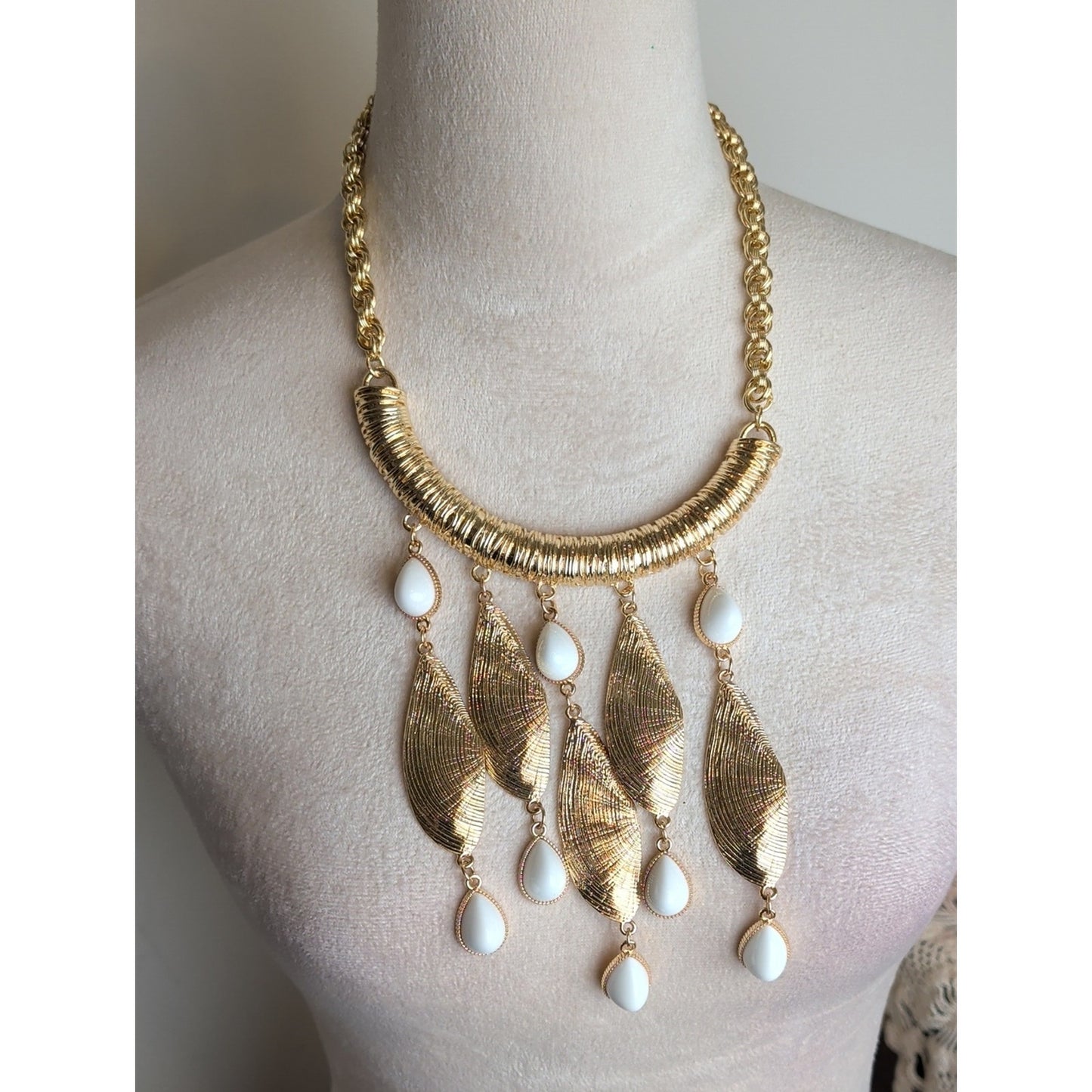 Lilly Pulitzer Gold Tone Statement Necklace Shell Fringe & White Glass Cabochons