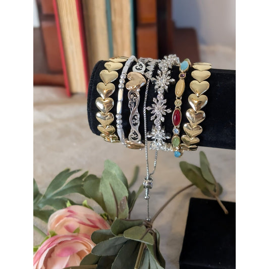 Eclectic Bracelet Stack Lot Gold Silver Rhinestone Gemstone Coquette Glam