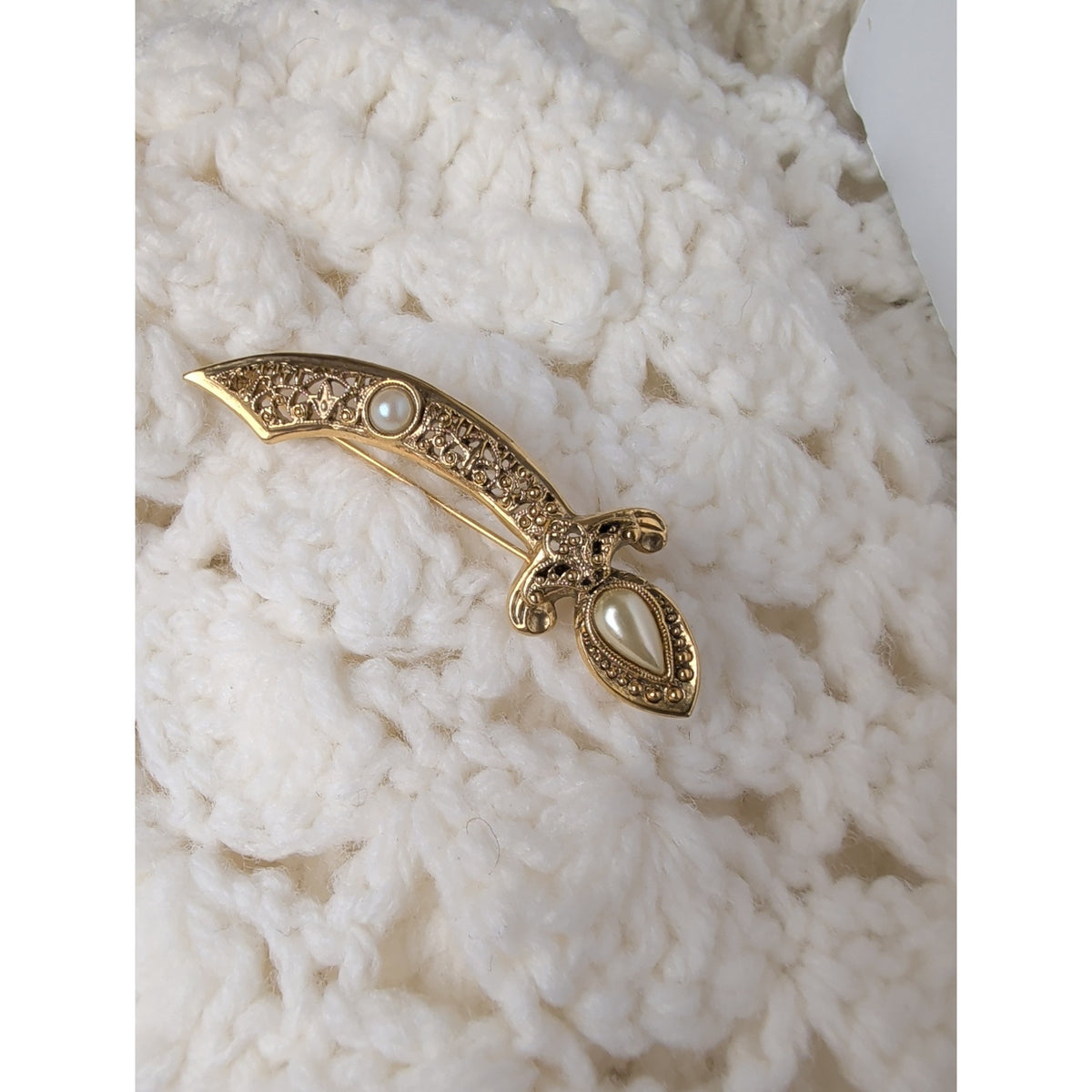 1928 Signed Sword Brooch Gold Tone Faux Pearl Filigree Vintage Style Jewelry