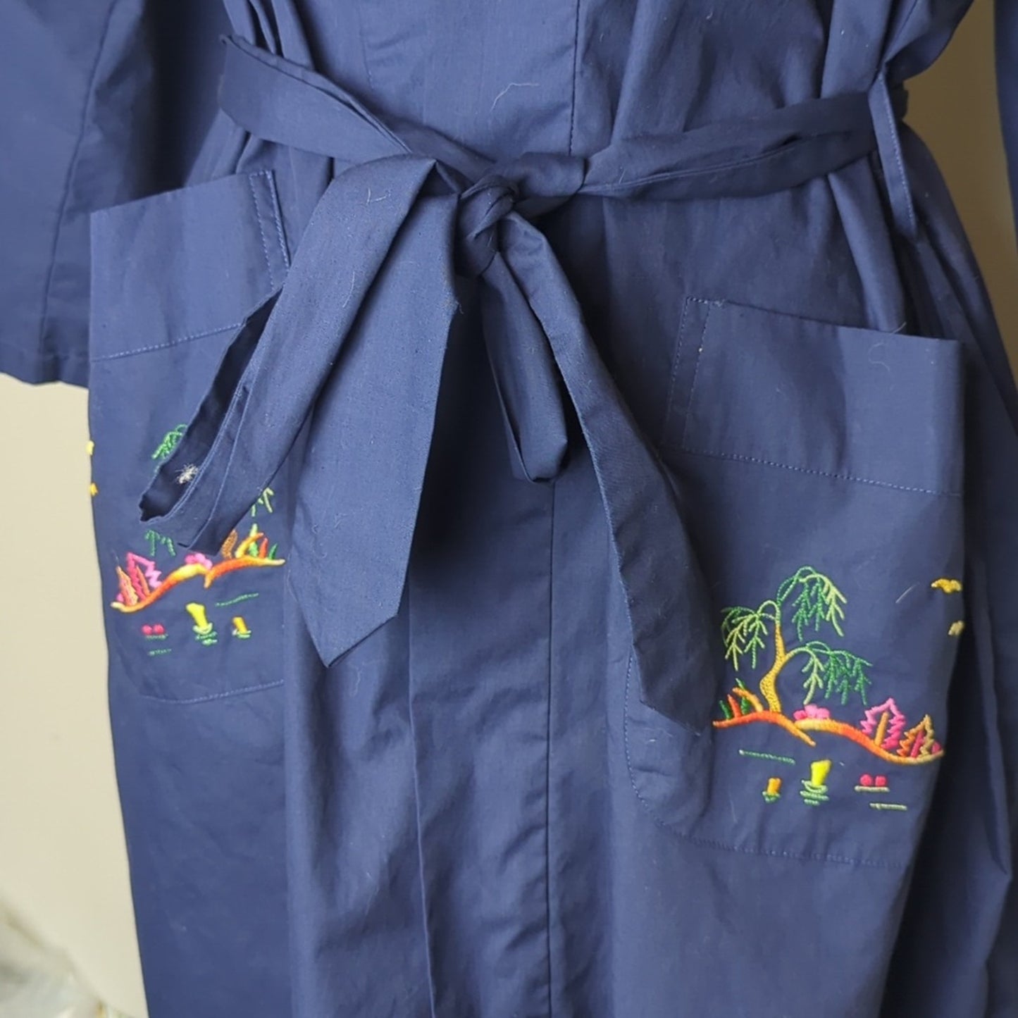 Vintage Japanese-Inspired Kimono Robe Navy Wrap Duster  Embroidered Pockets