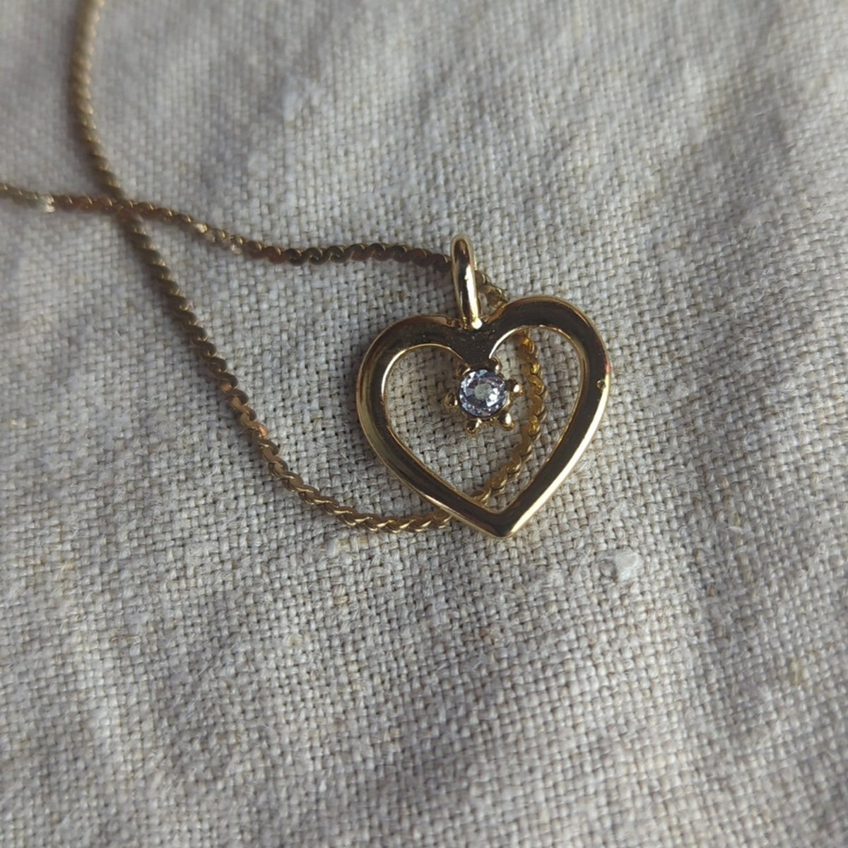 Vintage Gold Tone Heart Necklace Diamond Accent Made in Korea, 1980s