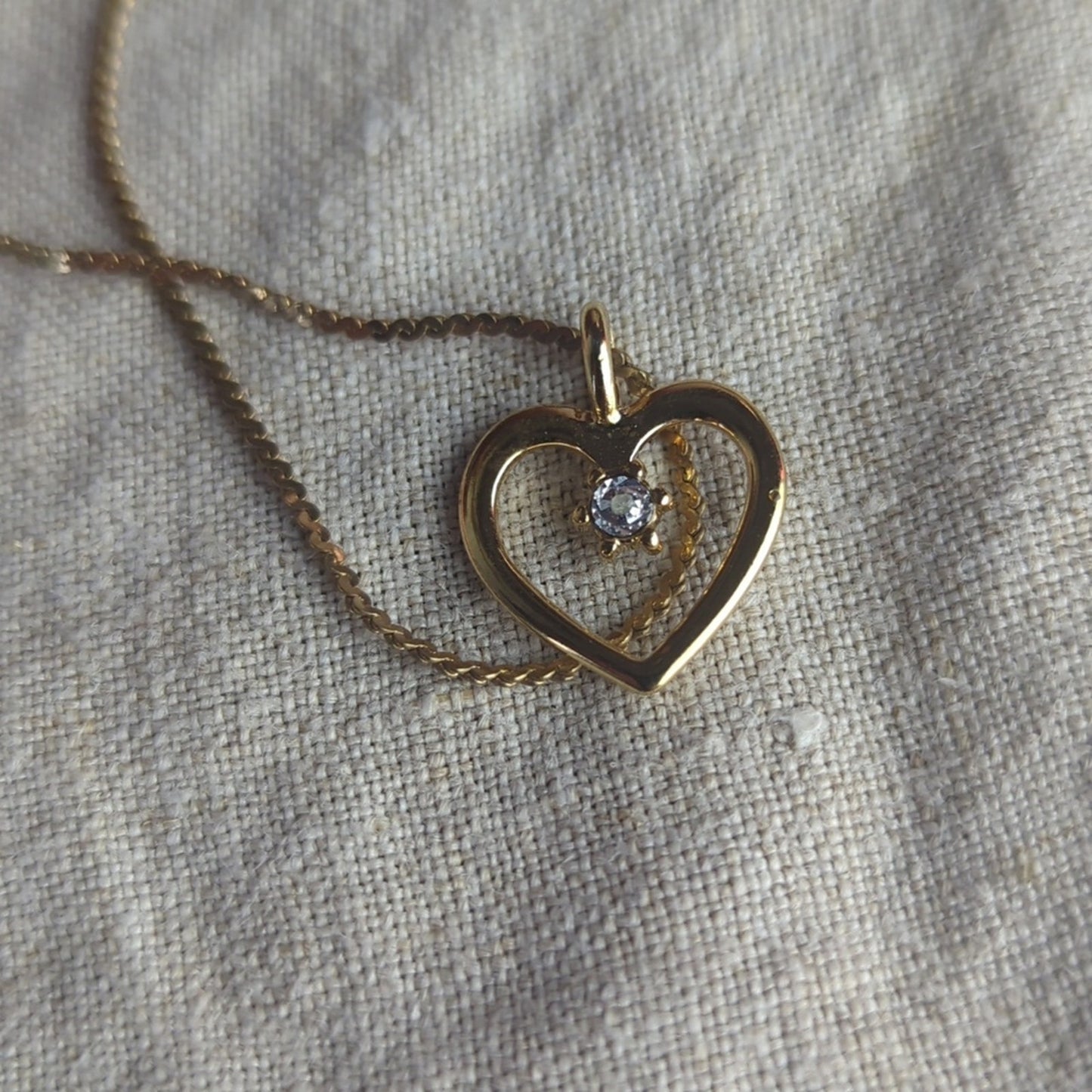 Vintage Gold Tone Heart Necklace Diamond Accent Made in Korea, 1980s