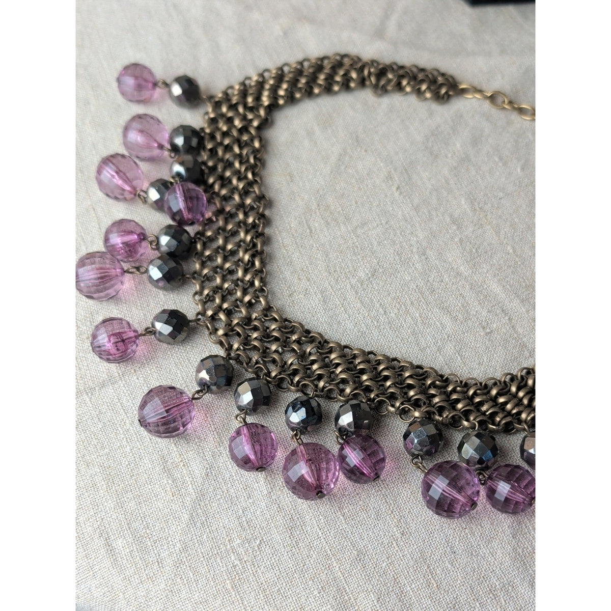 R.J. Graziano Purple Beaded Bib Statement Necklace Antique Brass Chain Boho Y2K
