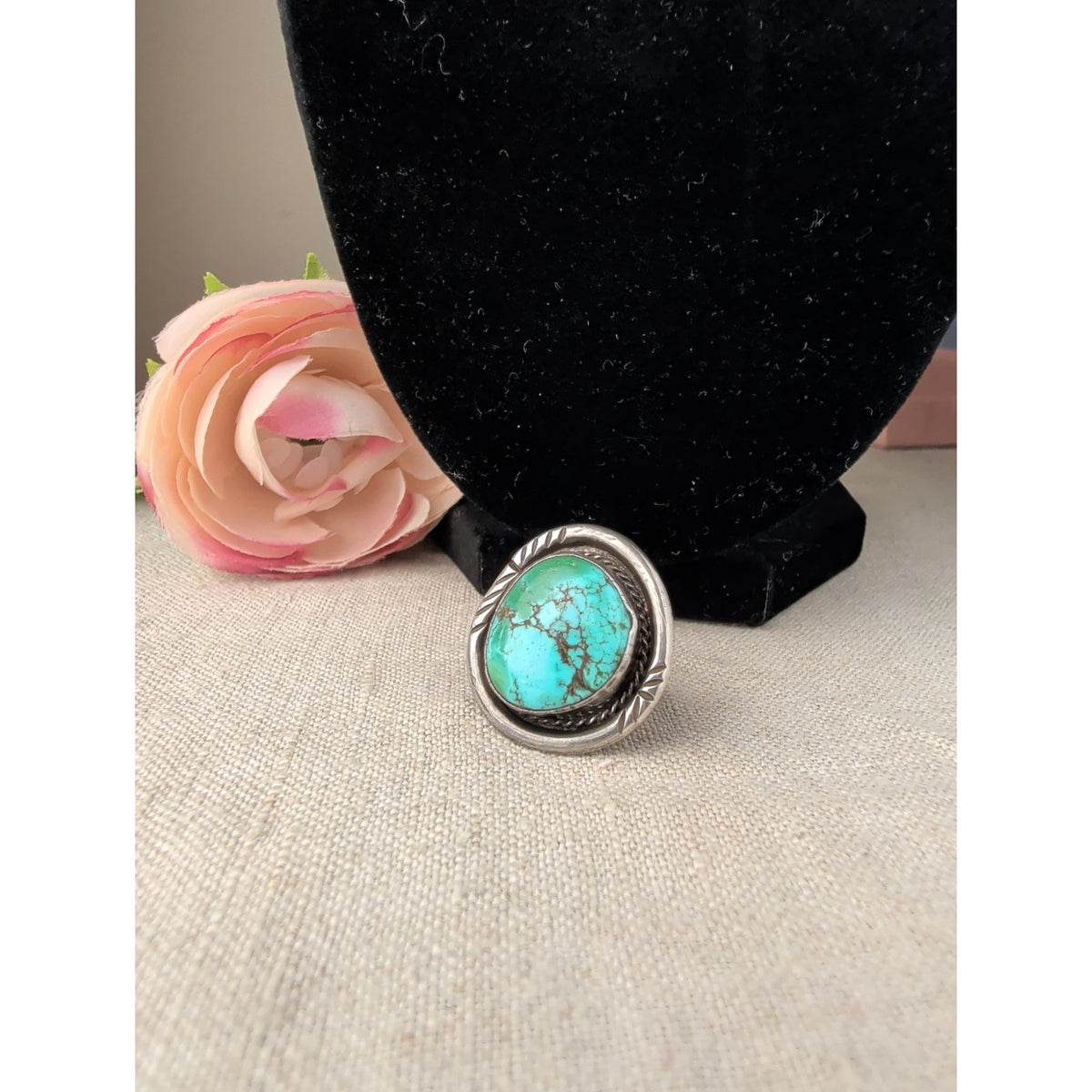 Vintage Navajo Sterling Silver Turquoise Ring Size 5 Signed Artisan Mark "T" Split Shank