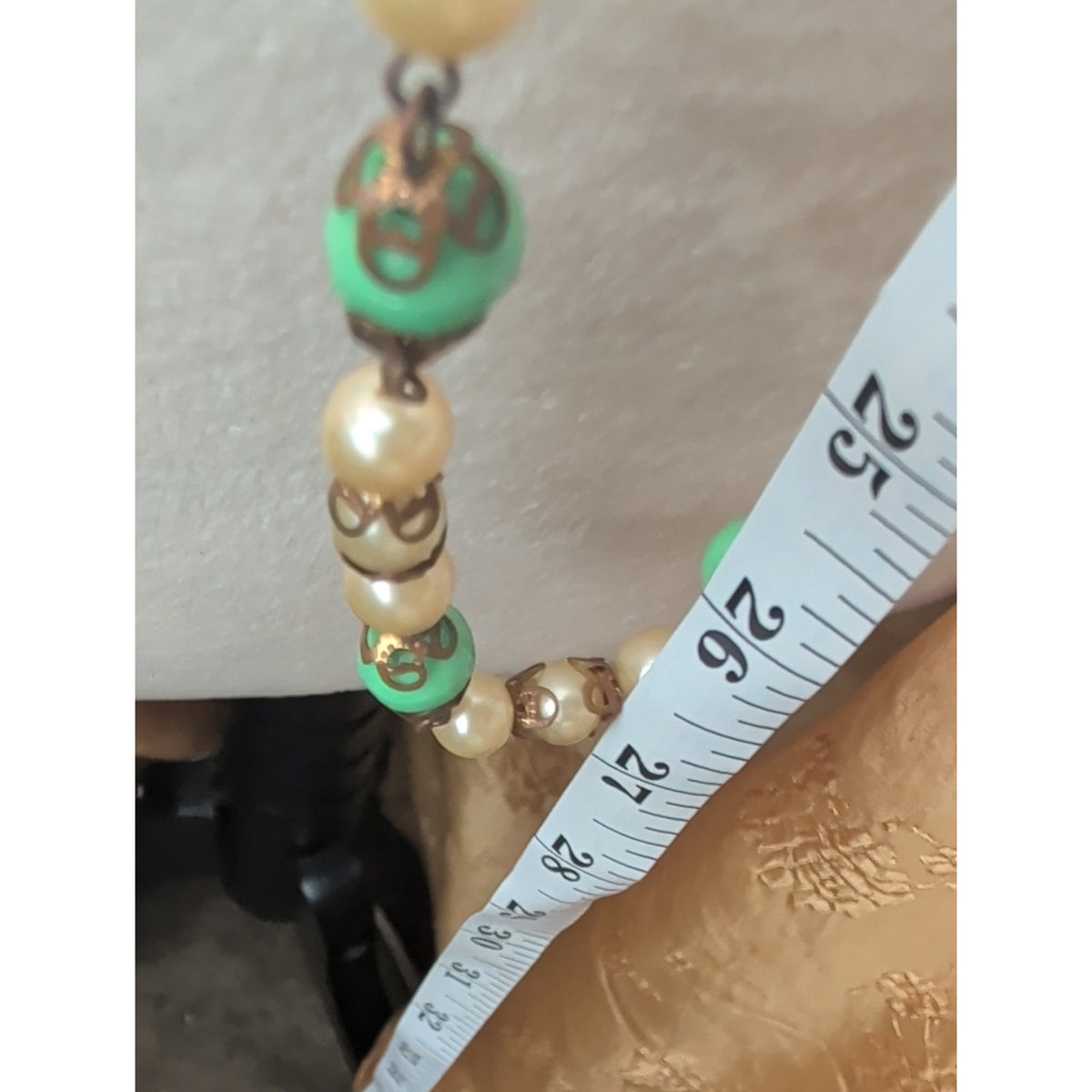 Vintage Seafoam Green Bead Glass Pearl Filigree Necklace & Screw Back Earrings
