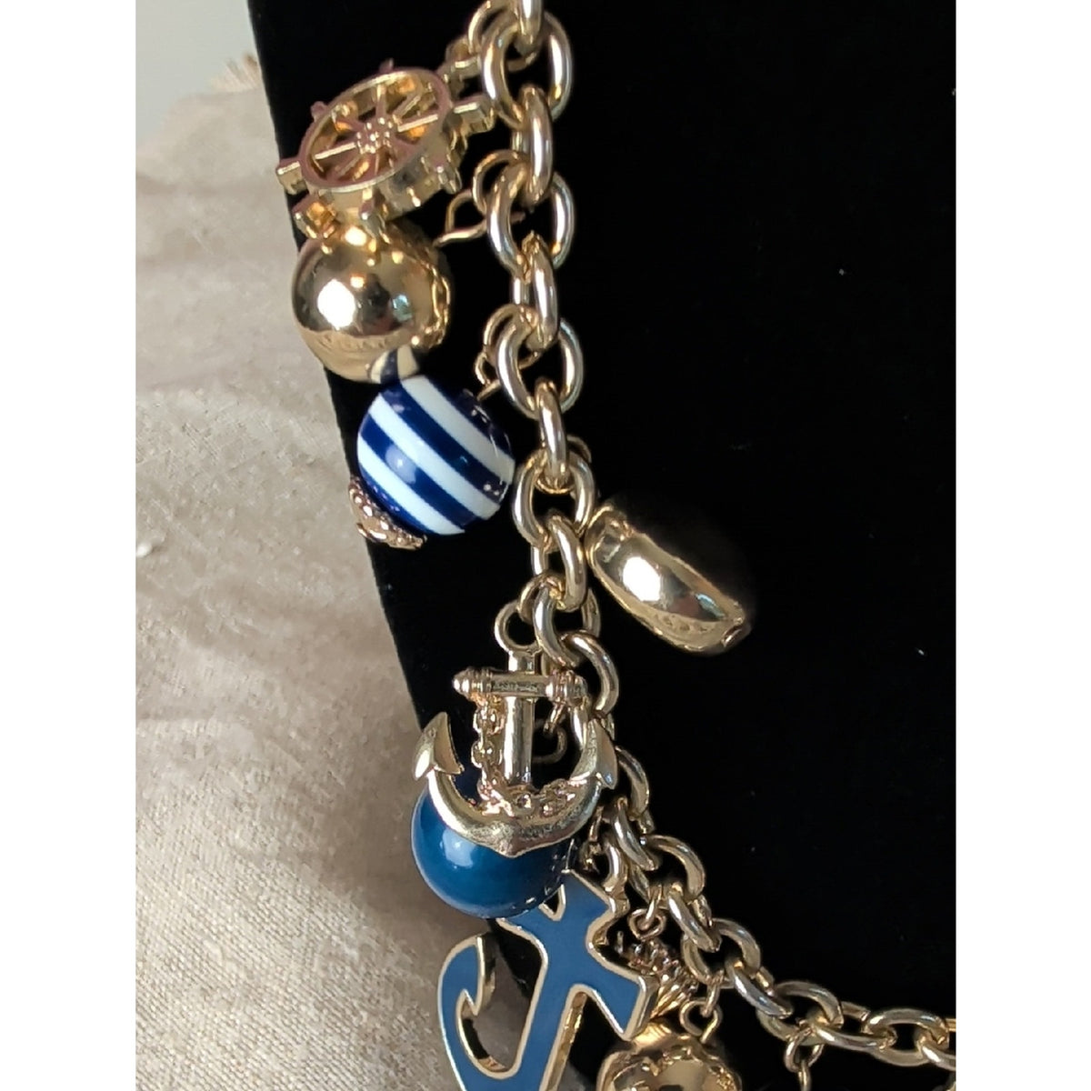 Vintage Y2K Nautical Charm Necklace Gold Tone Anchors Ship Wheel Coastal