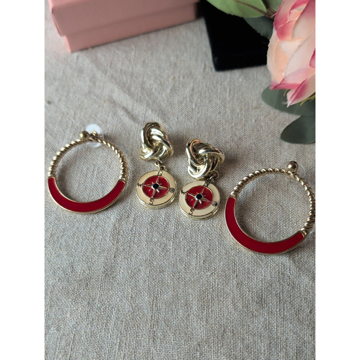 Vintage Gold Tone Nautical Compass Earrings Enamel Love Knot Dangle & Hoop Set