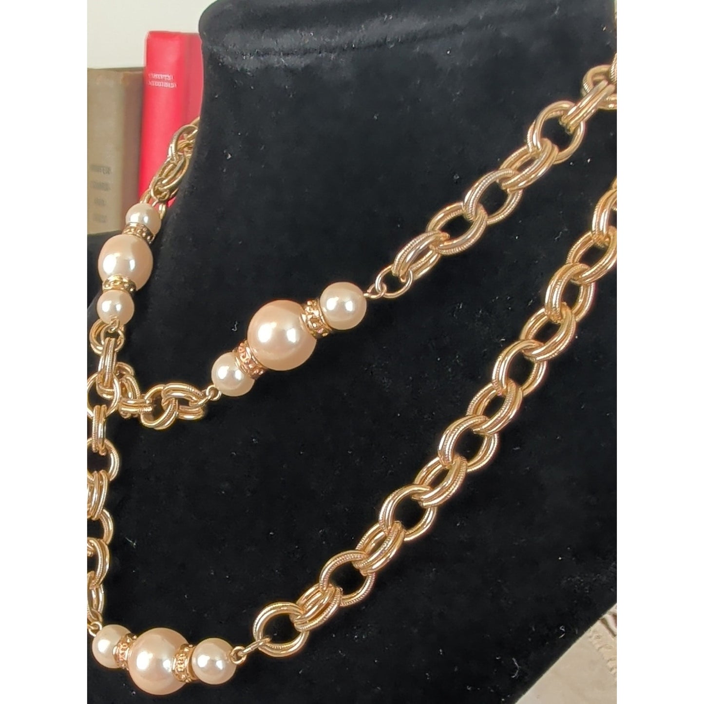 Mid Century Modern Gold Tone Faux Pearl Necklace Retro Glam