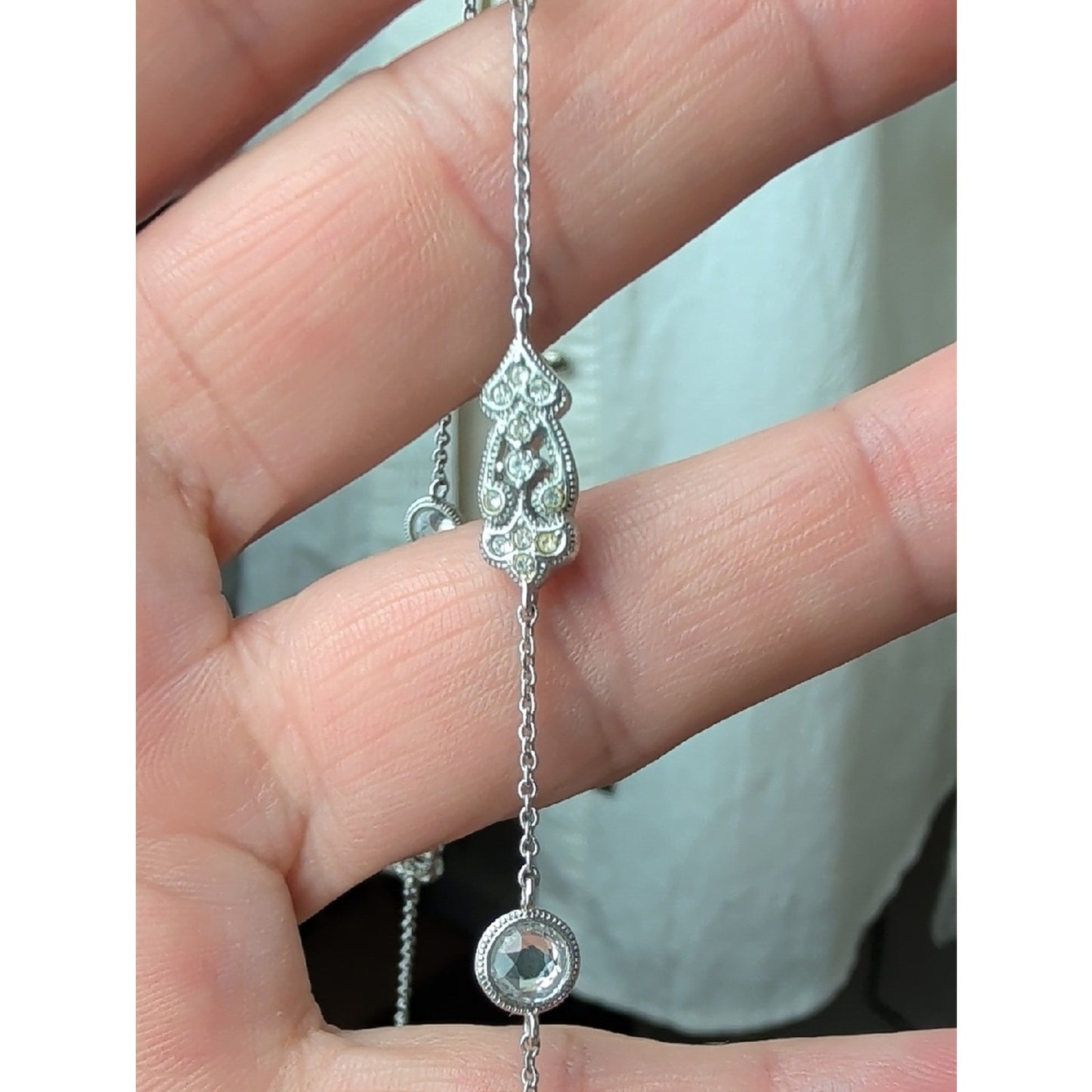 Nardi Venetian Revival Station Necklace CZ Filigree Silver Tone Art Deco Bridal