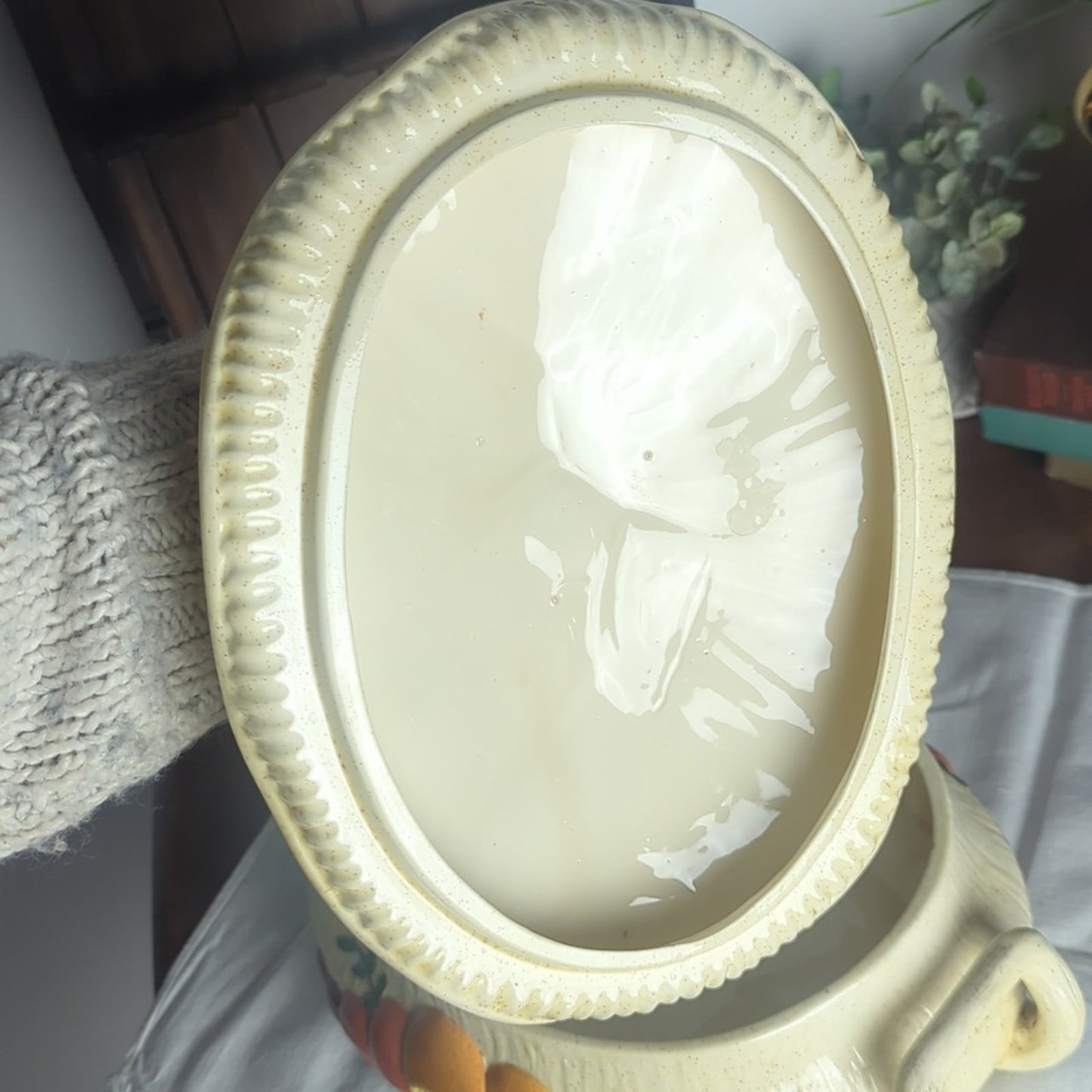 Vintage Storybook Mushroom Covered Serving Dish Large Folk Art Whimsical