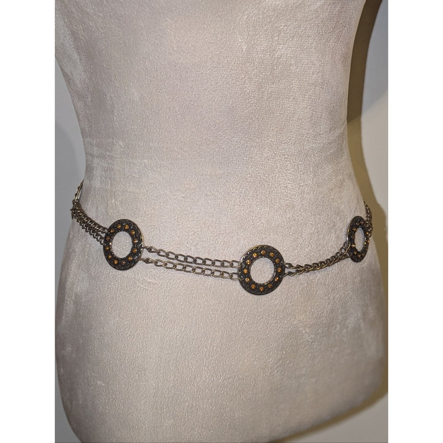 Y2K Double Chain Medallion Belt  Antiqued Brass Tone Boho Western Waist 30"-40"