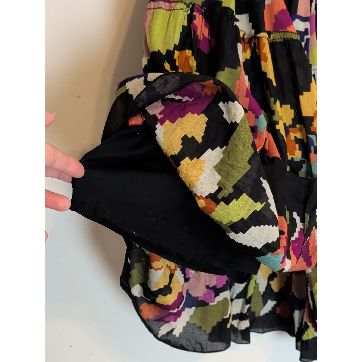 Vintage Boho Tiered Midi Skirt  Smocked Waist Abstract Floral Cotton Large