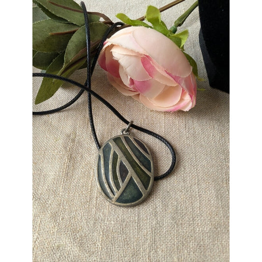Vintage Modernist Abstract Pendant Necklace Green Silver Tone Black Cord