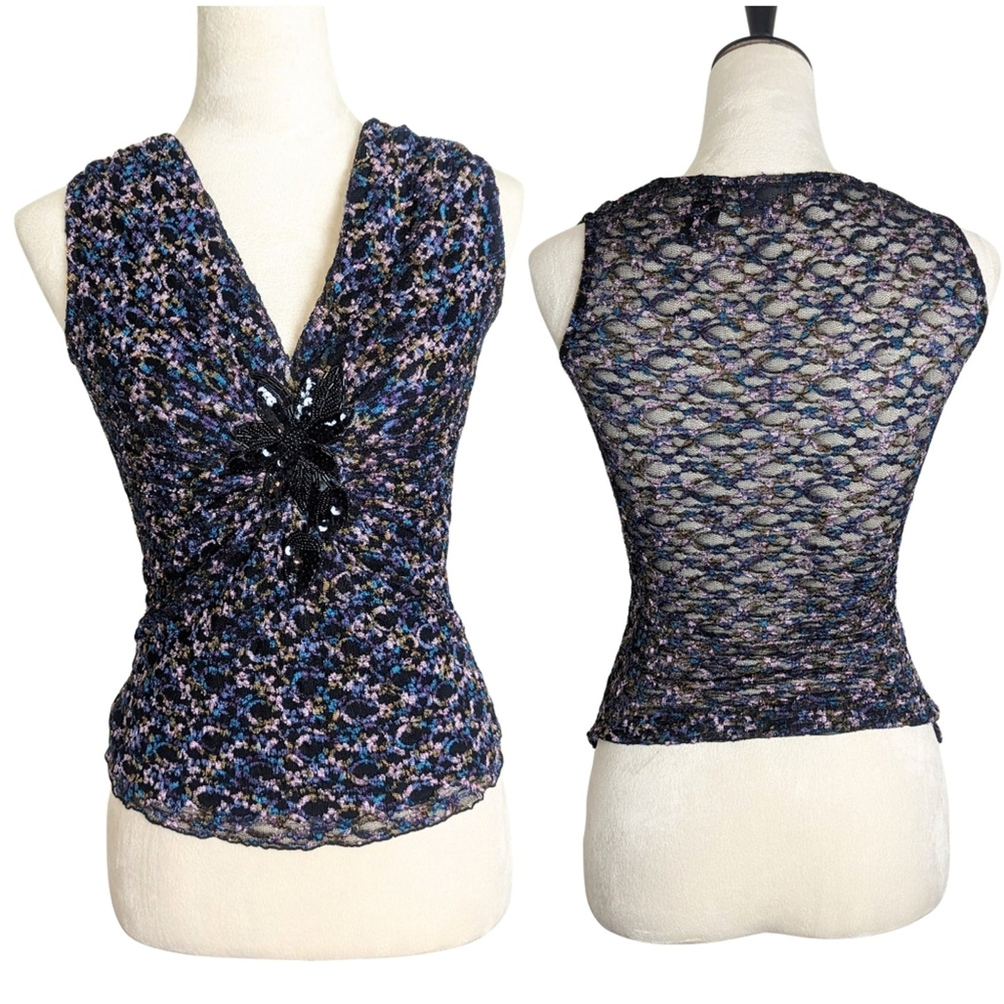 Fairycore Whimsigoth Semi-shear Lace Top With Jewel Embellishment XS