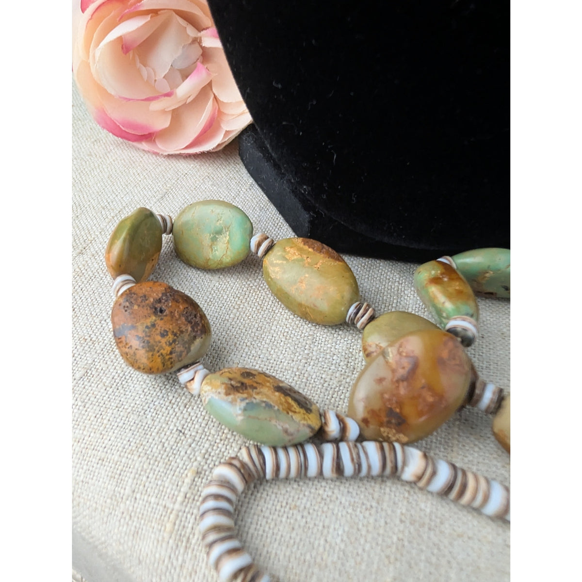 Vintage Navajo Royston Green Turquoise Nugget Shell Heishi Necklace 74g 29"