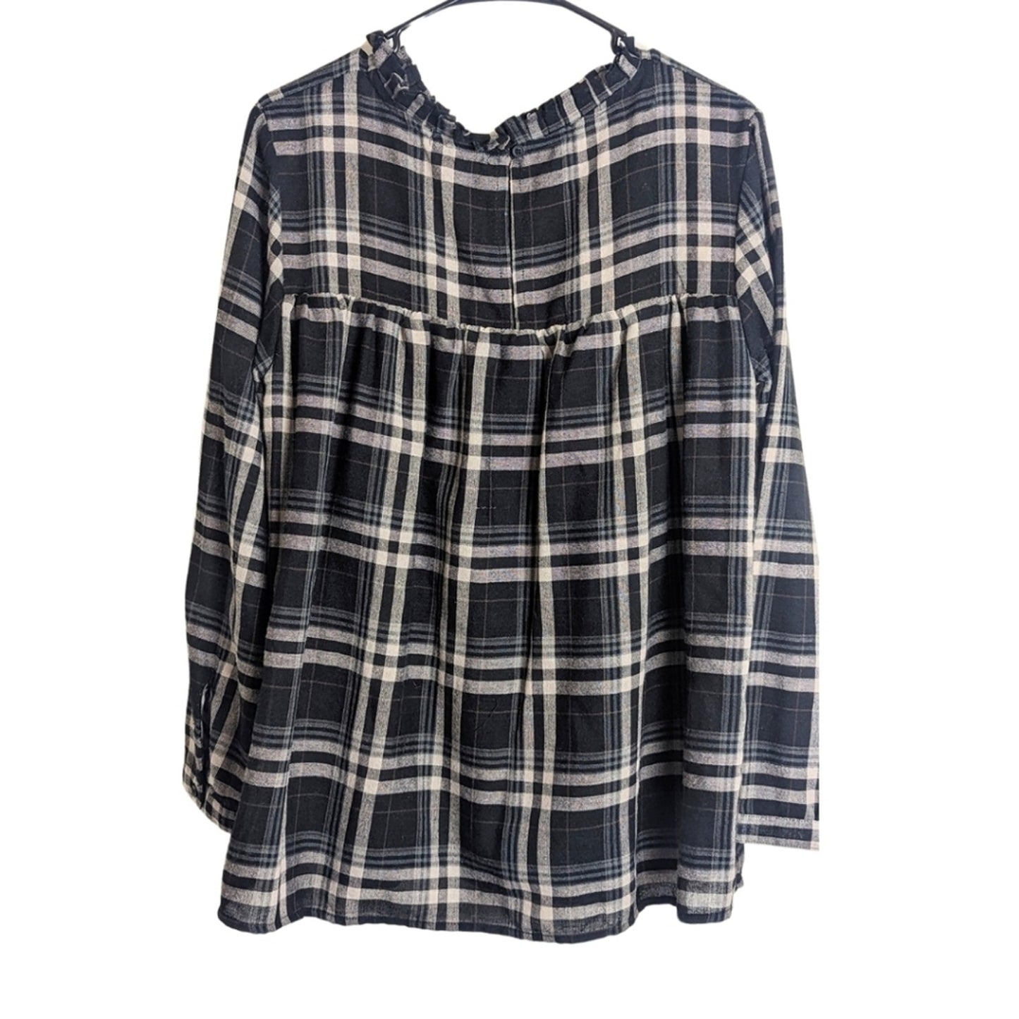 Plaid Babydoll Pop-Over Top Smocked Lightweight Swing Top-Black Women's Medium