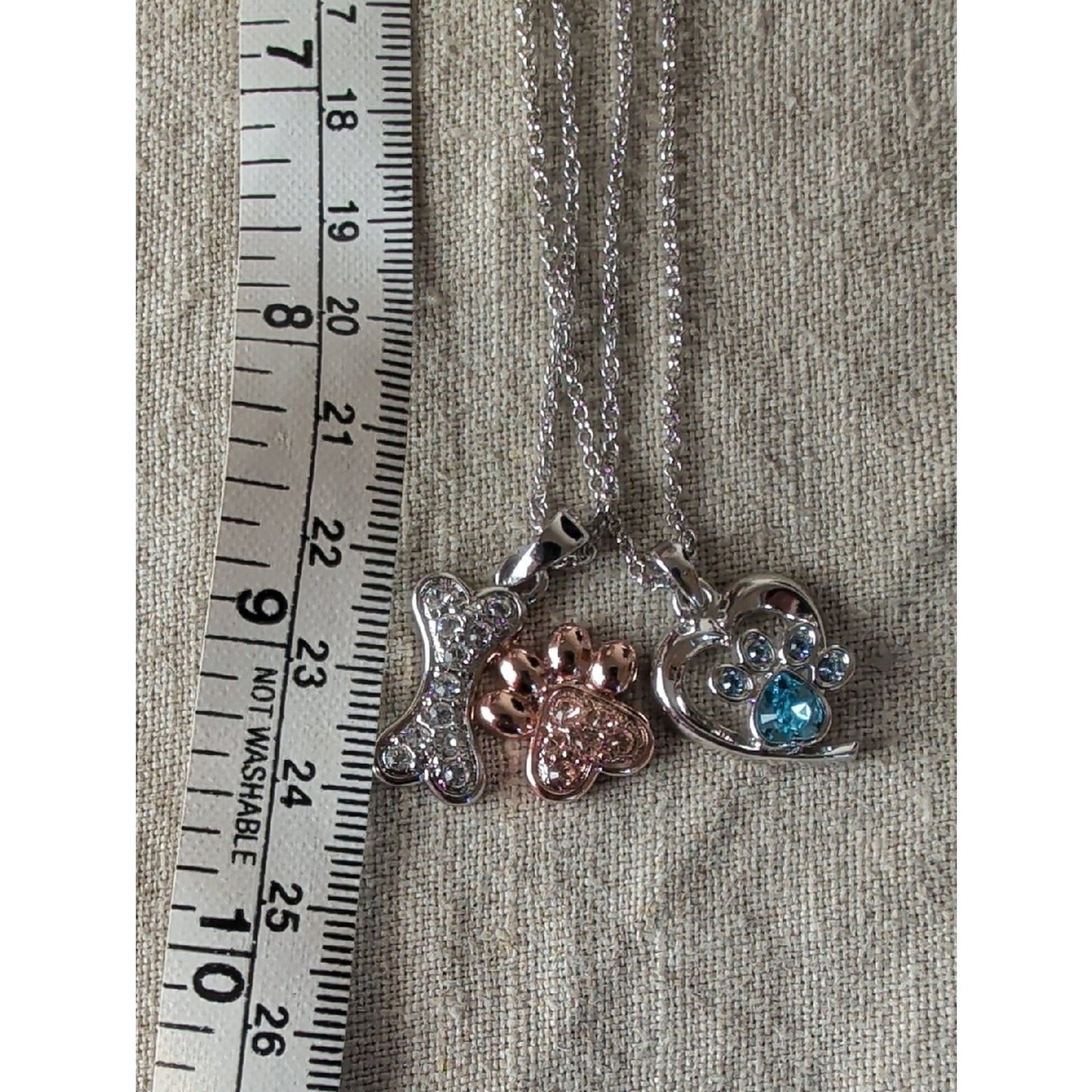 Two FAC Crystal Pet Lover Necklaces  Dog Bone, Paw Print & Heart Pendants