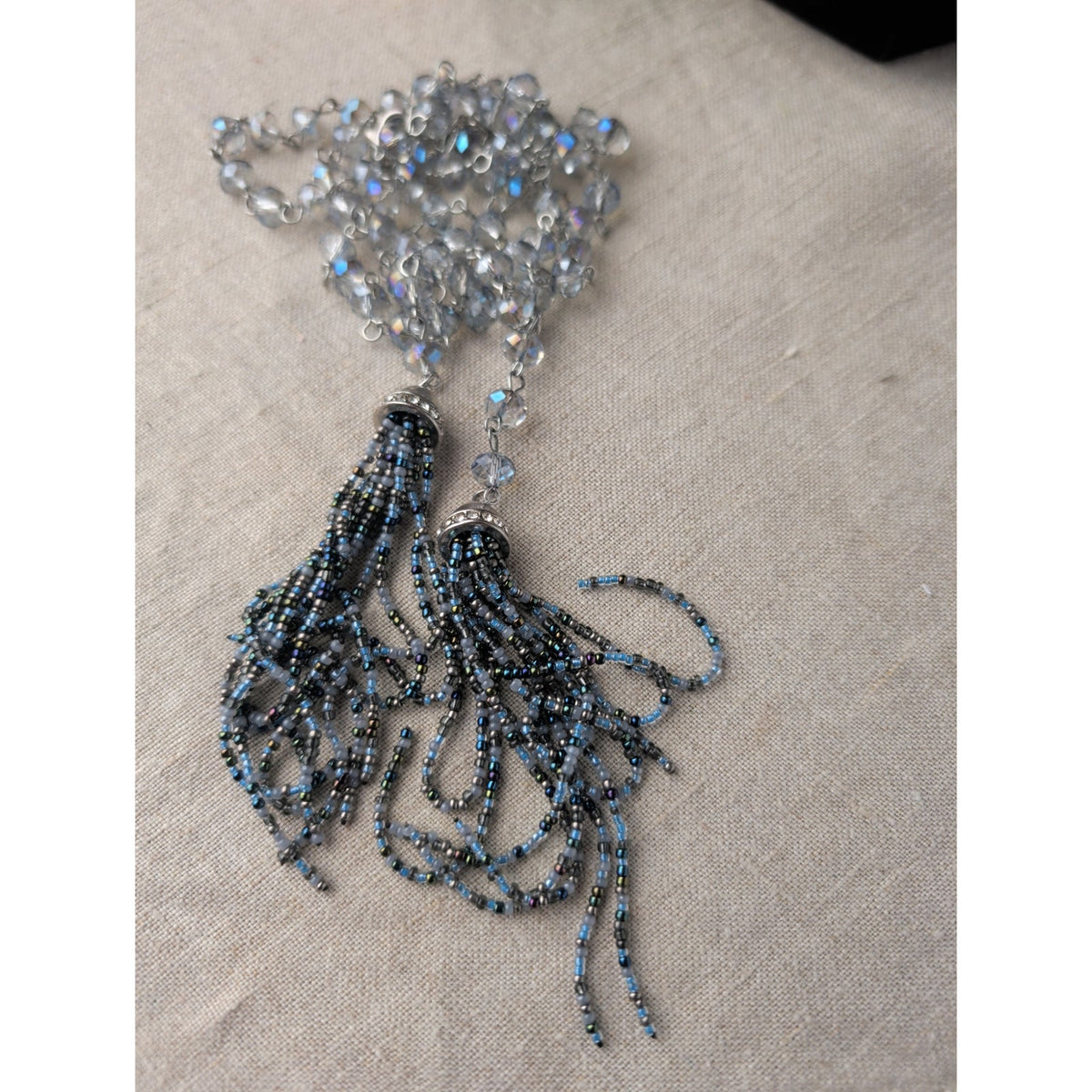 Beautiful Icy Blue AB Crystal Beaded Necklace Seed Bead Tassels 42"