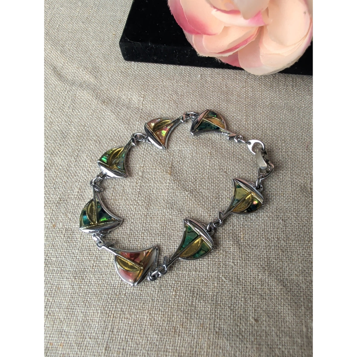 Vintage Silver Tone Sailboat Abalone Inlay Link Bracelet 7.5".