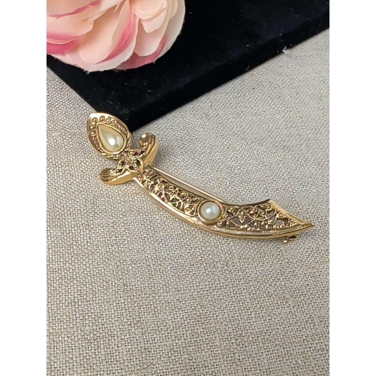 1928 Signed Sword Brooch Gold Tone Faux Pearl Filigree Vintage Style Jewelry