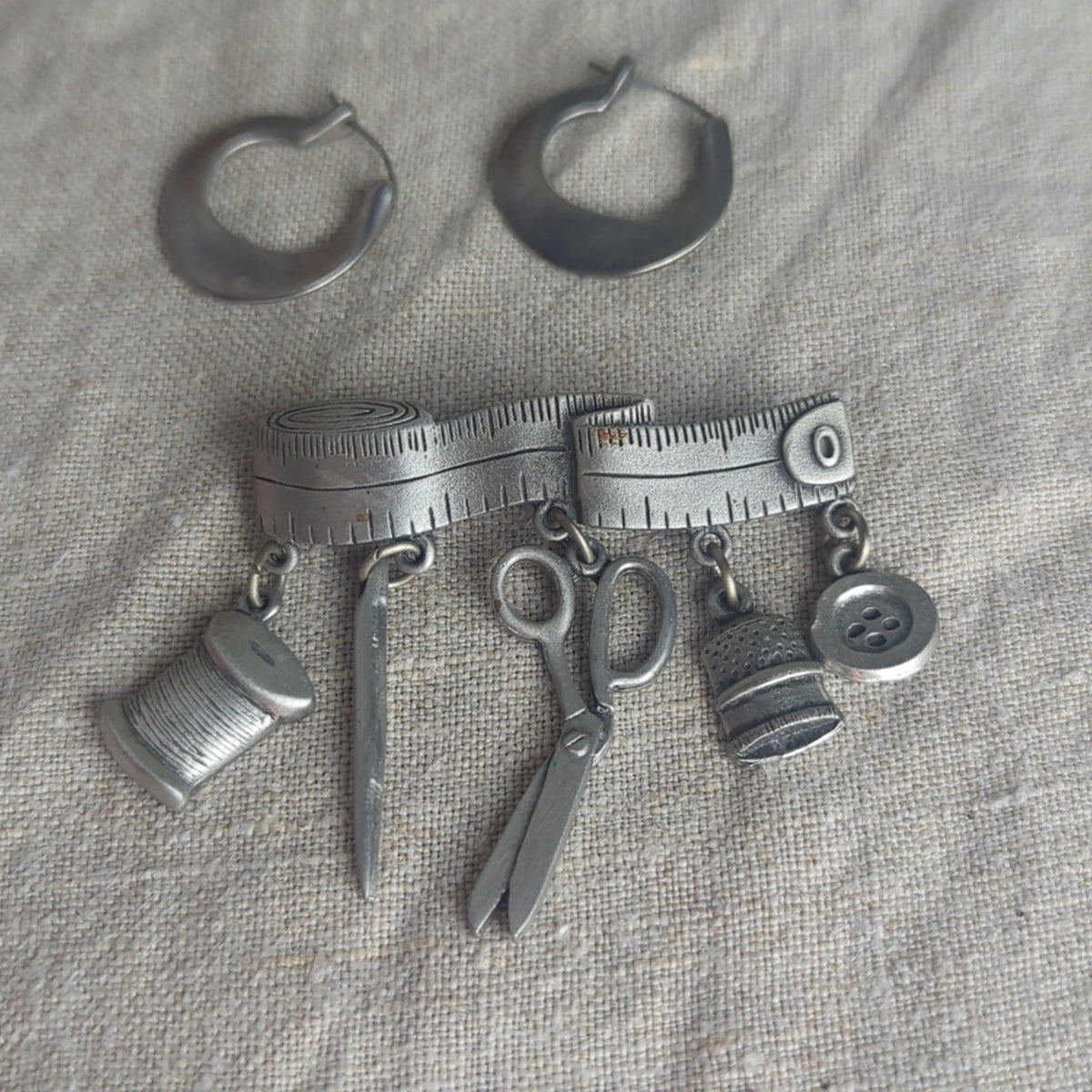 Vintage Sewing Motif Pin & Pewter Hoop Earrings Curated Maker Set