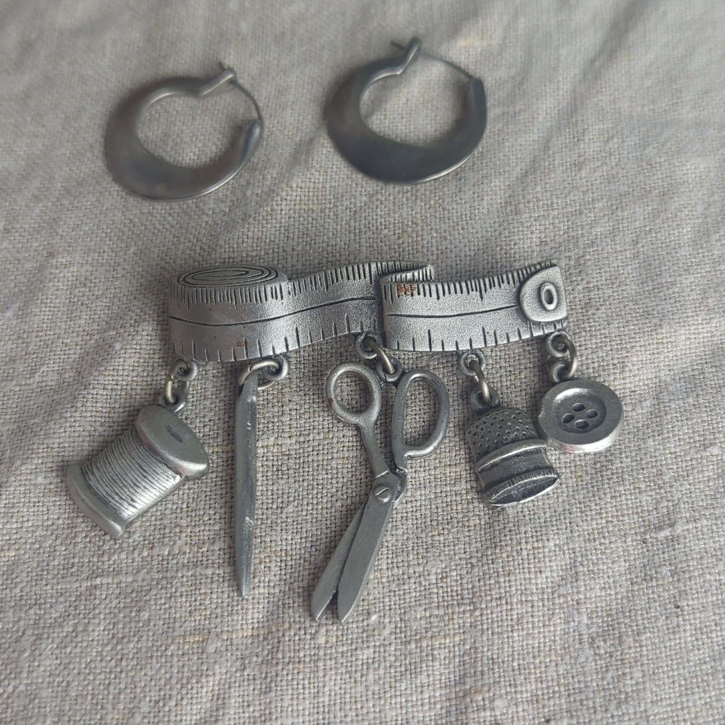 Vintage Sewing Motif Pin & Pewter Hoop Earrings Curated Maker Set