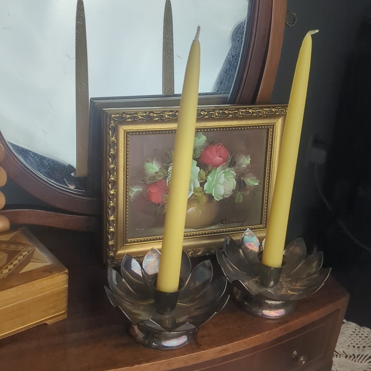 Vintage Silver Plated Candlestick Holders Floral Petal Lotus Hollywood Regency