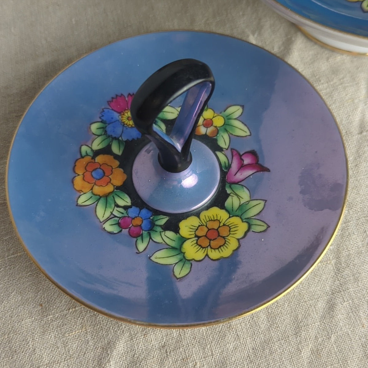 Vintage Noritake Hand Painted Dish Set Blue Floral Bowl & Handled Mini Platter