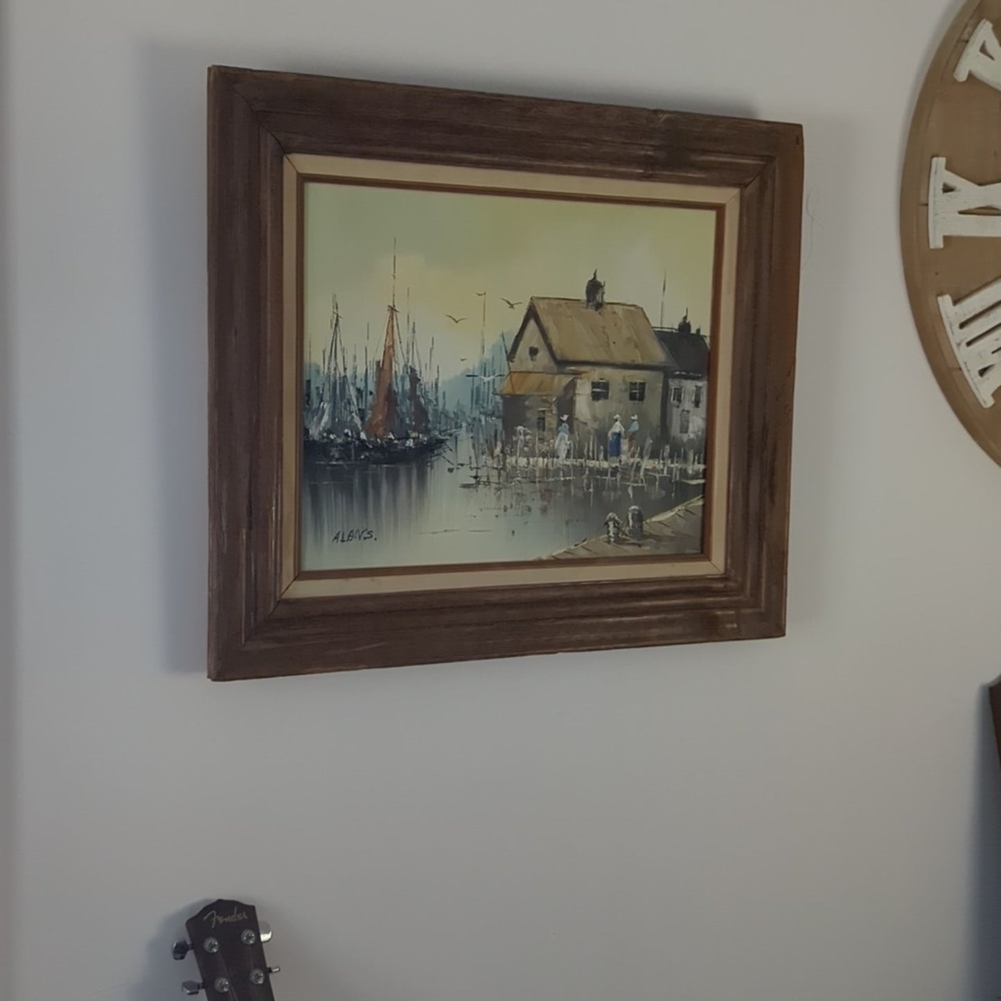 Vintage Harbor Village Oil Painting on Canvas Signed Framed Coastal European
