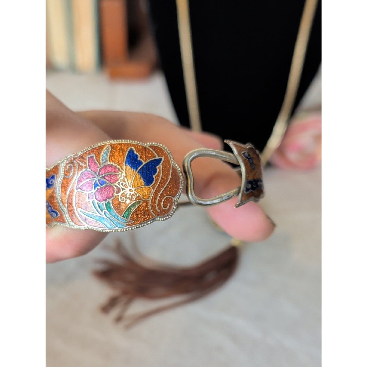 Vintage Cloisonné Style Orchid Tassel Necklace With Hinge Cuff Bracelet