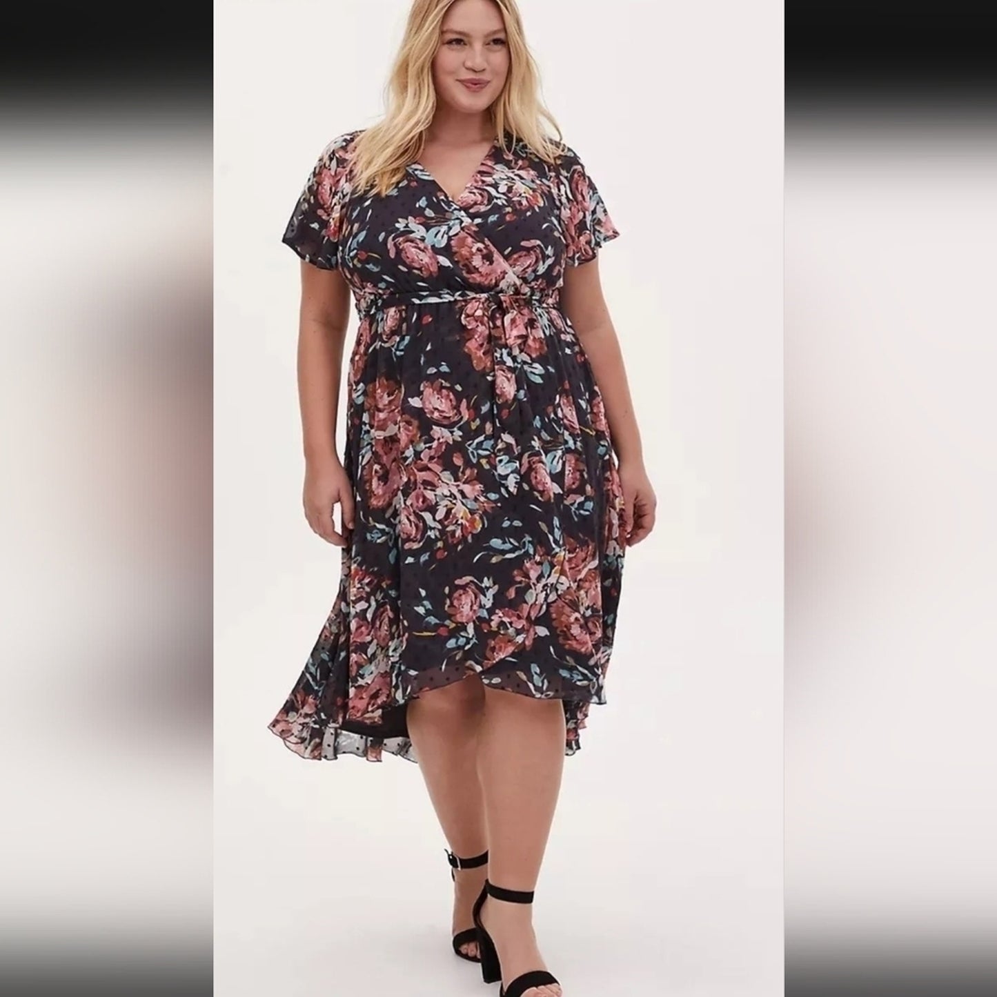 Dark Romantic Faux Wrap Dress High-Low Swiss Dot Floral Dark Grey Size M/L