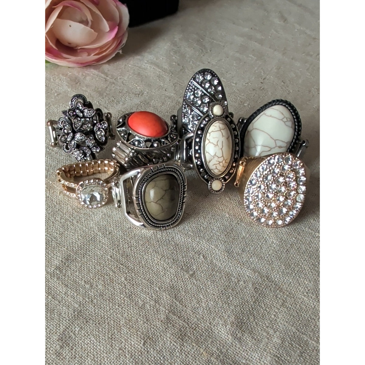 8 Stretch Cocktail Statement Rings Boho Western Faux Stones Rhinestone