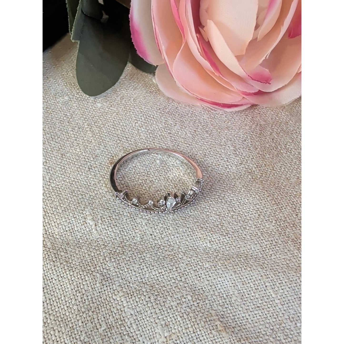 925 Sterling Silver Princess Tiara Crown Ring CZ Size 9.5