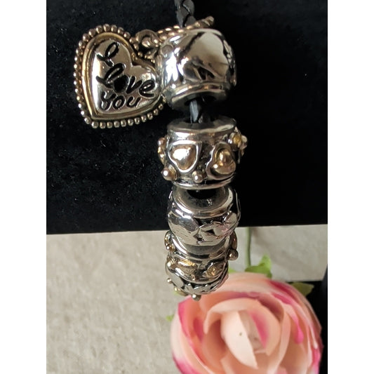 Heart Charm Bracelet Black Braided Leather European Bead Bracelet Romantic