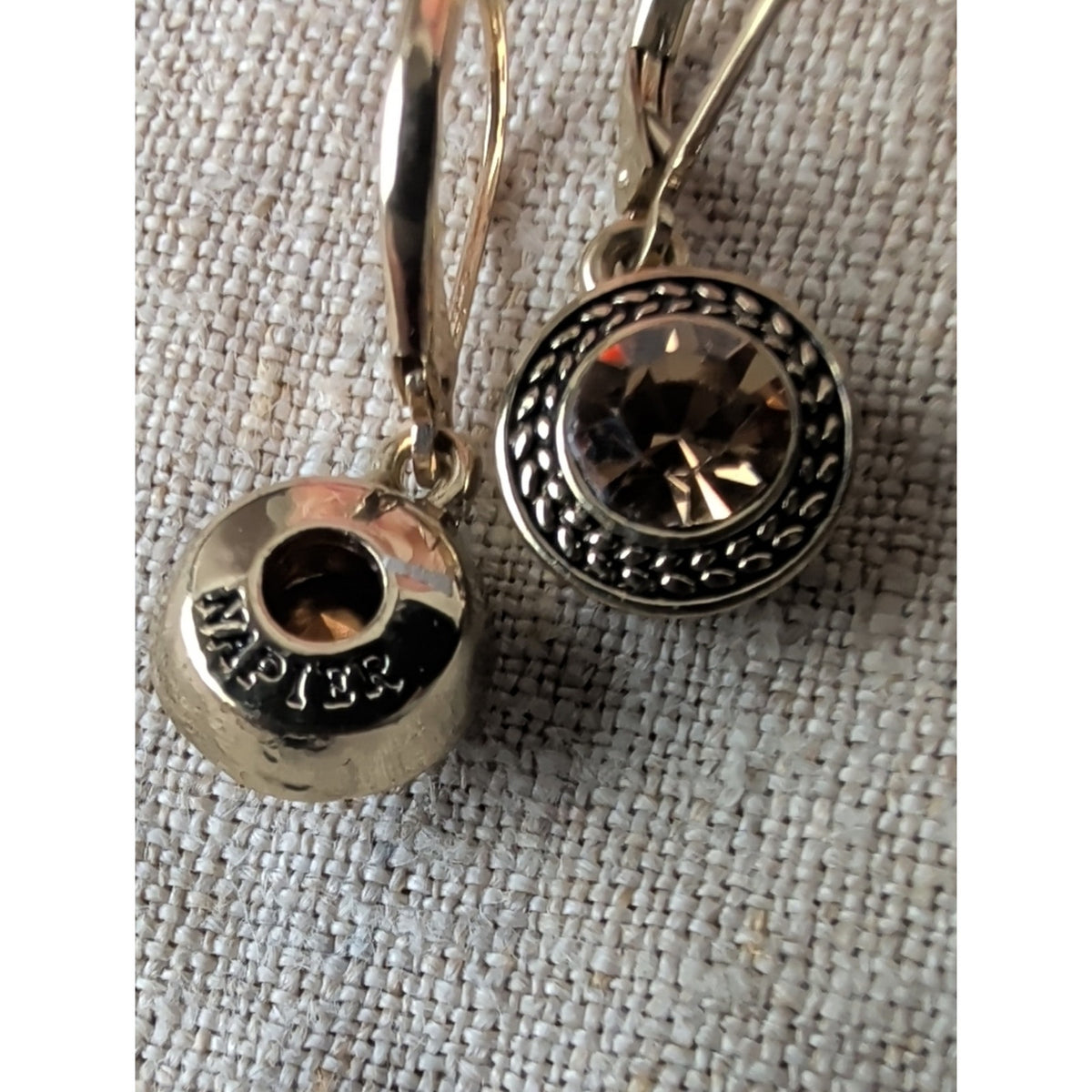 Vintage Napier Smoky Crystal Drop Earrings Silver Tone Leverback