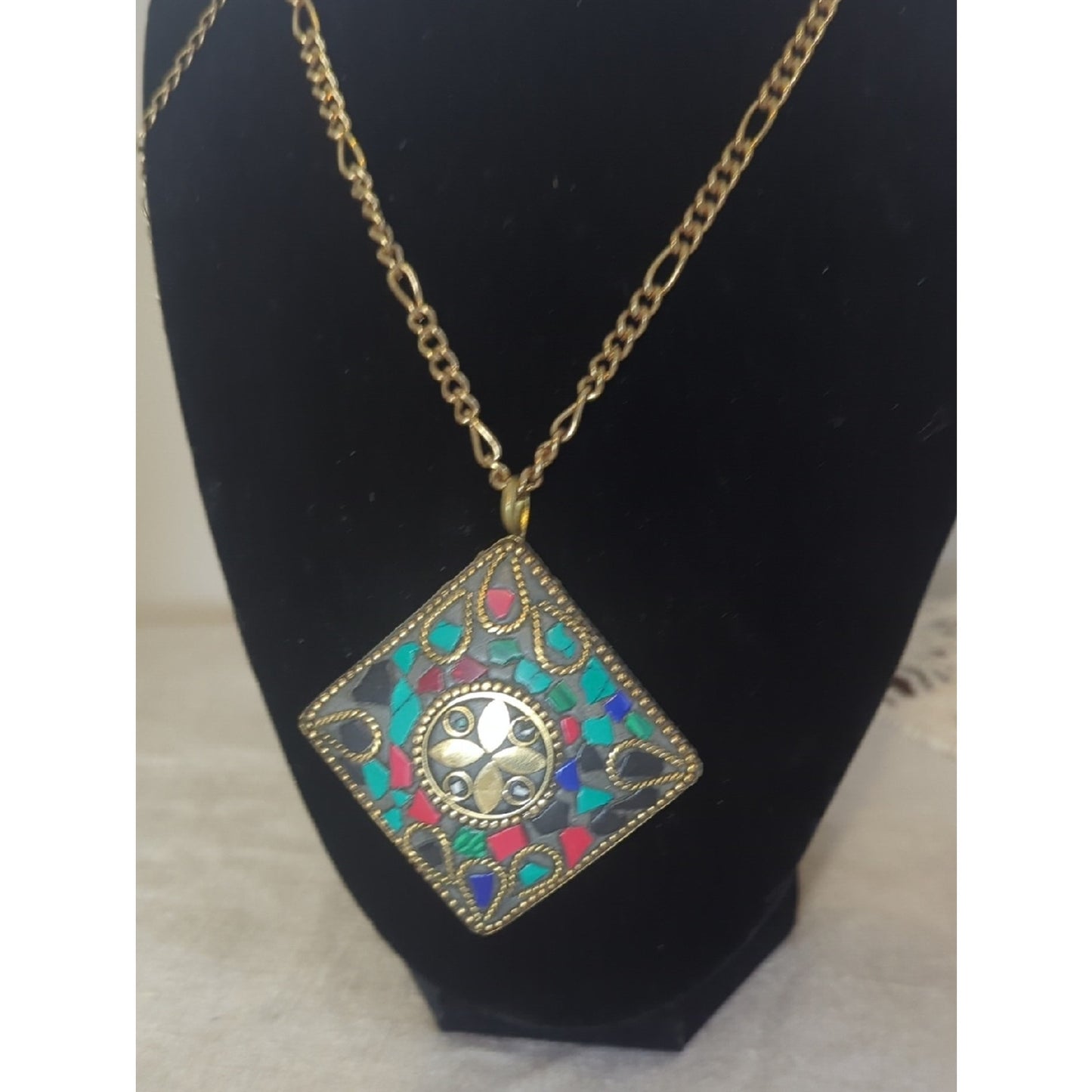 Large Tibetan Style Mosaic Pendant Necklace Y2K Boho Statement Art To Wear
