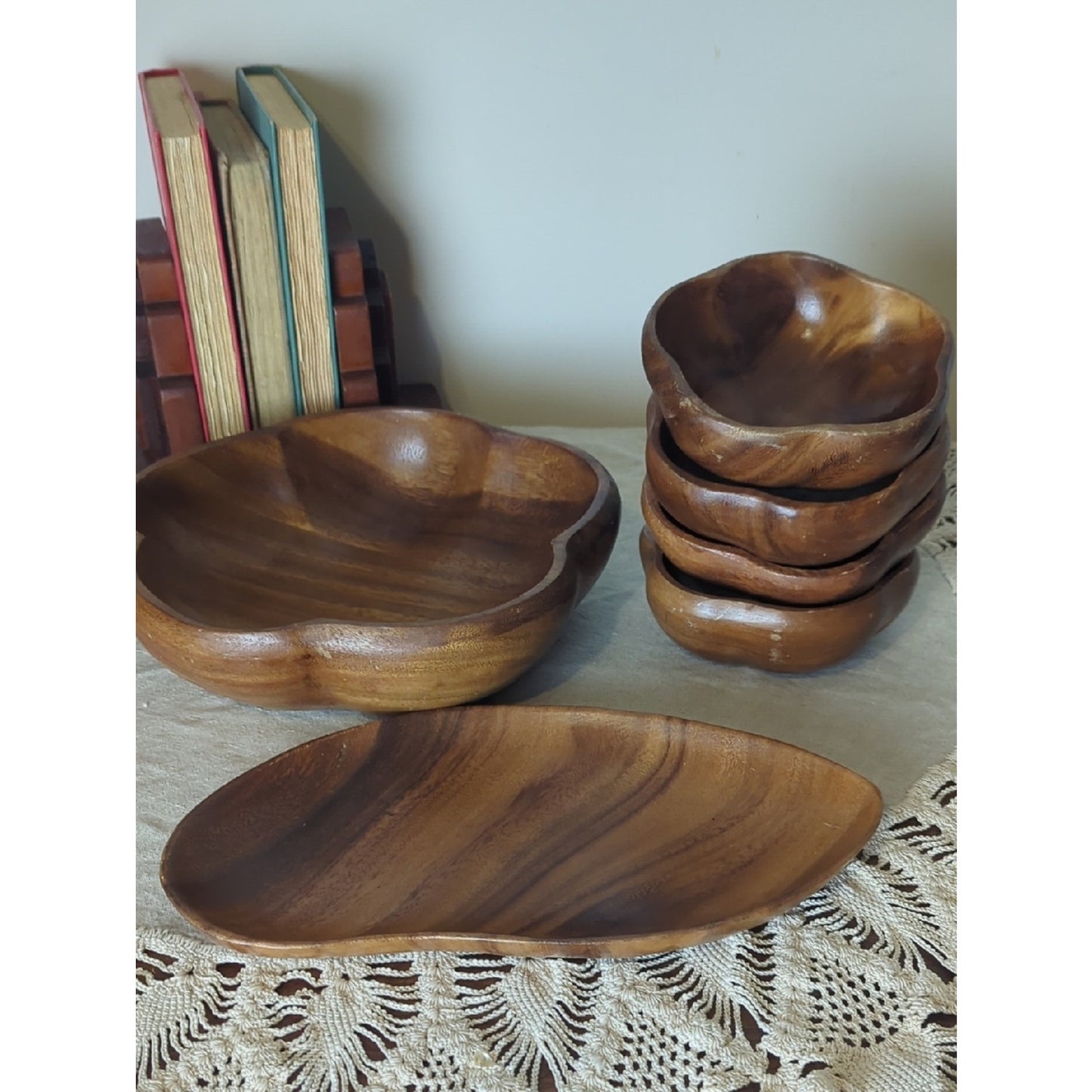 Vintage Monkey Pod Wood Serving Set 6 Pc Hand Carved Bowls + Platter