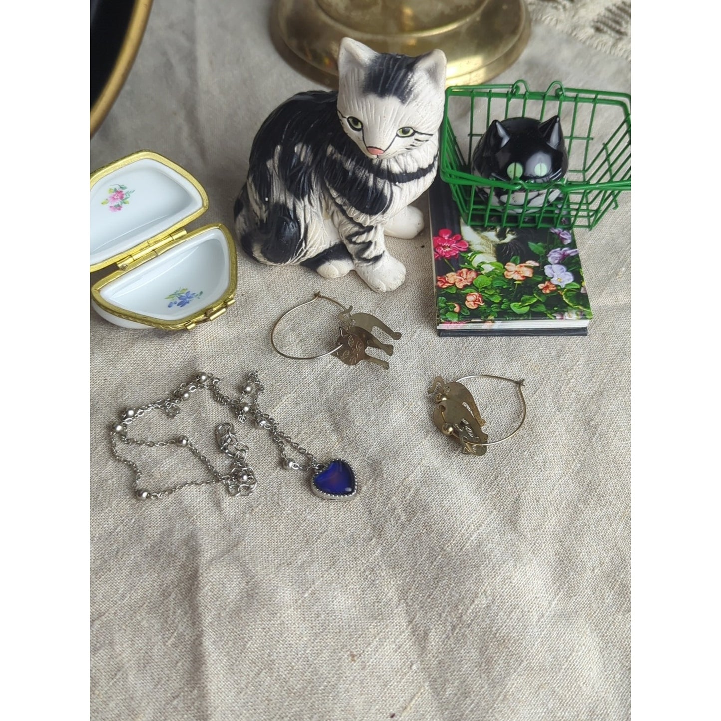 Whimsical Cat Lover Bundle Figurine Paperweight Notebook Earrings Mood Necklace