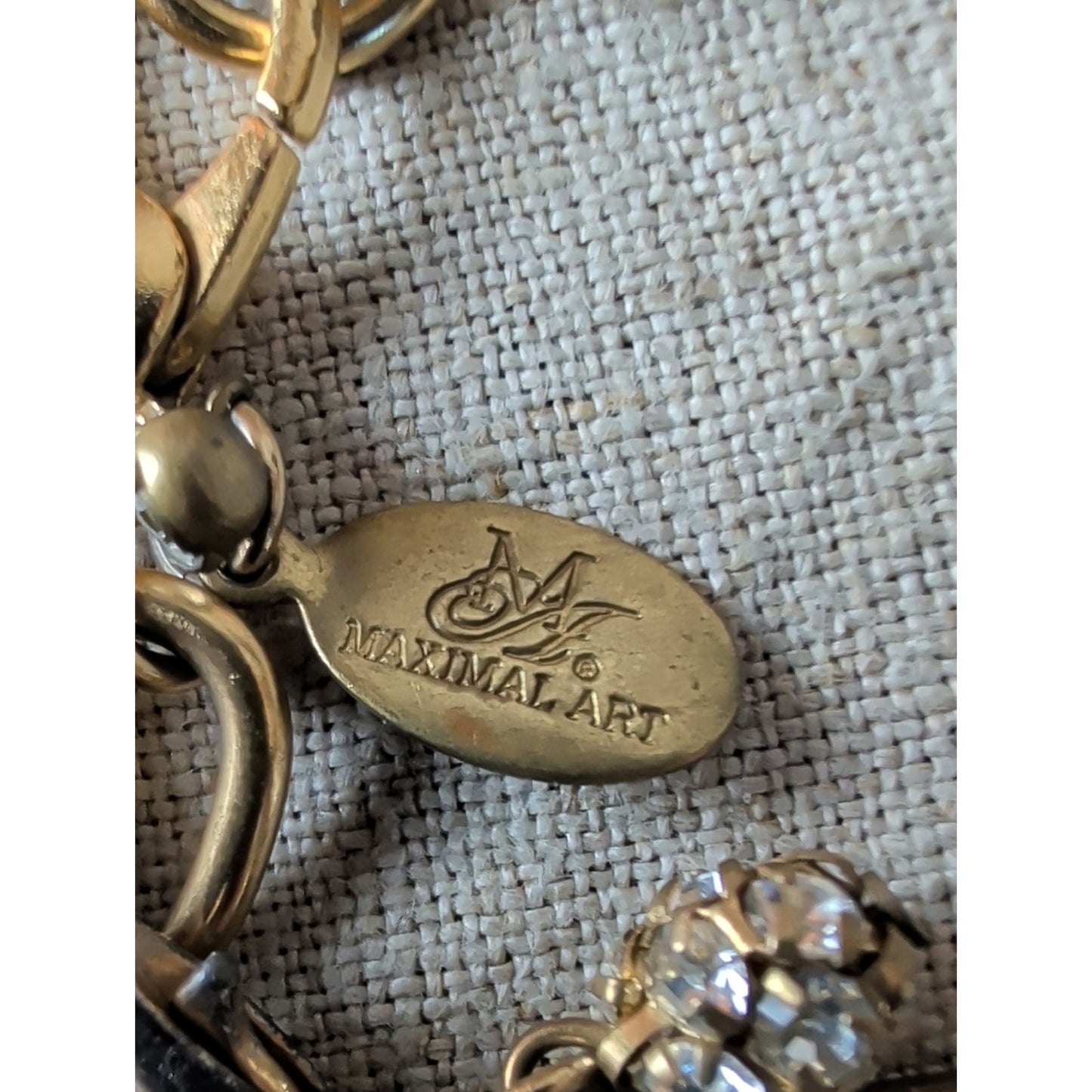 Signed Maximal Art Charm Bracelet Gold Tone Chunky Chain Dream Charm Rhinestone