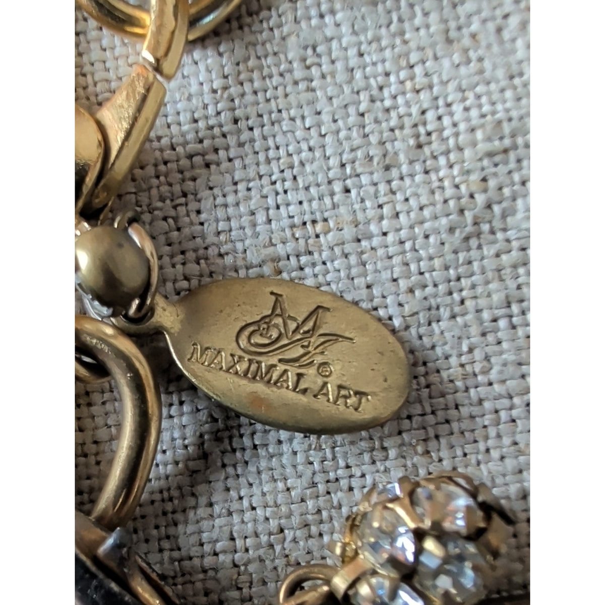 Signed Maximal Art Charm Bracelet Gold Tone Chunky Chain Dream Charm Rhinestone